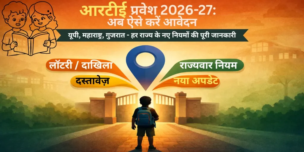 Complete visual guide for Right to Education (RTE) Act admissions 2026-27 in Hindi, showing pathways for application, documents, and state-wise rules for UP, Maharashtra, Gujarat.