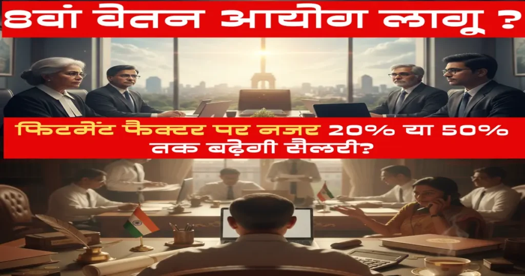 8th Pay Commission 8वें केंद्रीय वेतन आयोग 2026 के तहत संभावित 20% से 50% सैलरी वृद्धि, फिटमेंट फैक्टर चर्चा और 60% महंगाई भत्ता अपडेट से जुड़े सरकारी कर्मचारियों और पेंशनरों की प्रतीकात्मक तस्वीर