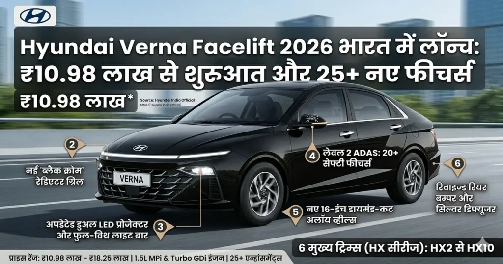 2026 Hyundai Verna Facelift front design with new grille, LED light bar and diamond cut alloy wheels in India launch