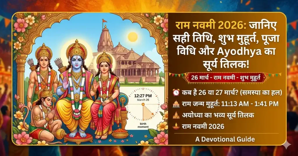 Ram Navami राम नवमी 2026 पर भगवान श्रीराम की जन्म झांकी, पूजा और अयोध्या में सूर्य तिलक समारोह का दृश्य