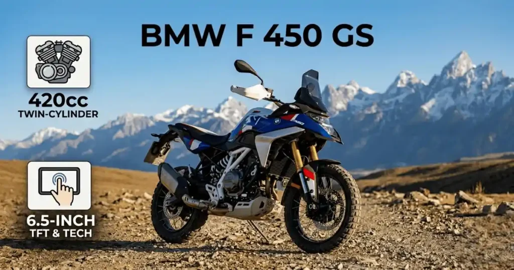 BMW F 450 GS ट्विन-सिलेंडर एडवेंचर बाइक का साइड प्रोफाइल, जिसमें 420cc इंजन और गोल्ड अपसाइड-डाउन फोर्क्स दिखाई दे रहे हैं।