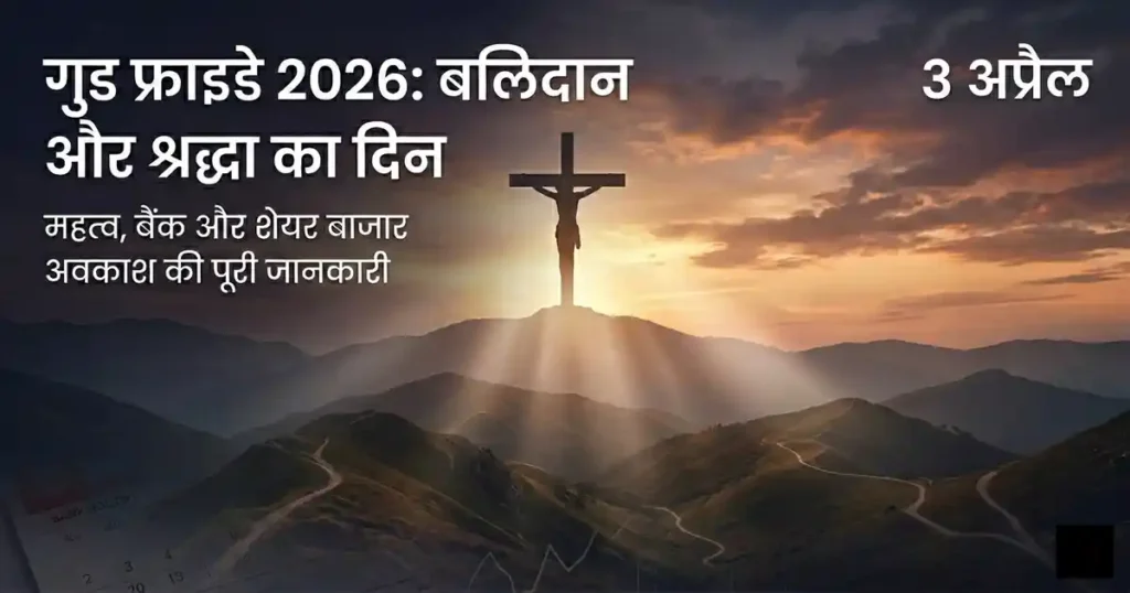 A featured news image for Good Friday 2026 showing the crucifixion cross and details about stock market and bank closures in India.