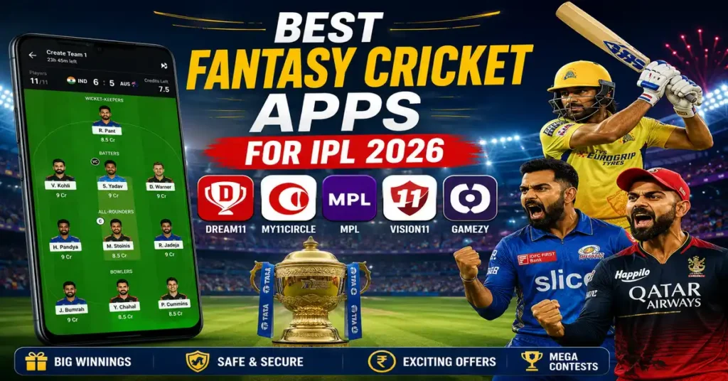 IPL 2026 के लिए Best Fantasy Cricket Apps की featured image जिसमें Dream11, My11Circle, MPL, Vision11 और Gamezy जैसे fantasy apps के साथ क्रिकेट खिलाड़ी और IPL ट्रॉफी दिखाई गई है।