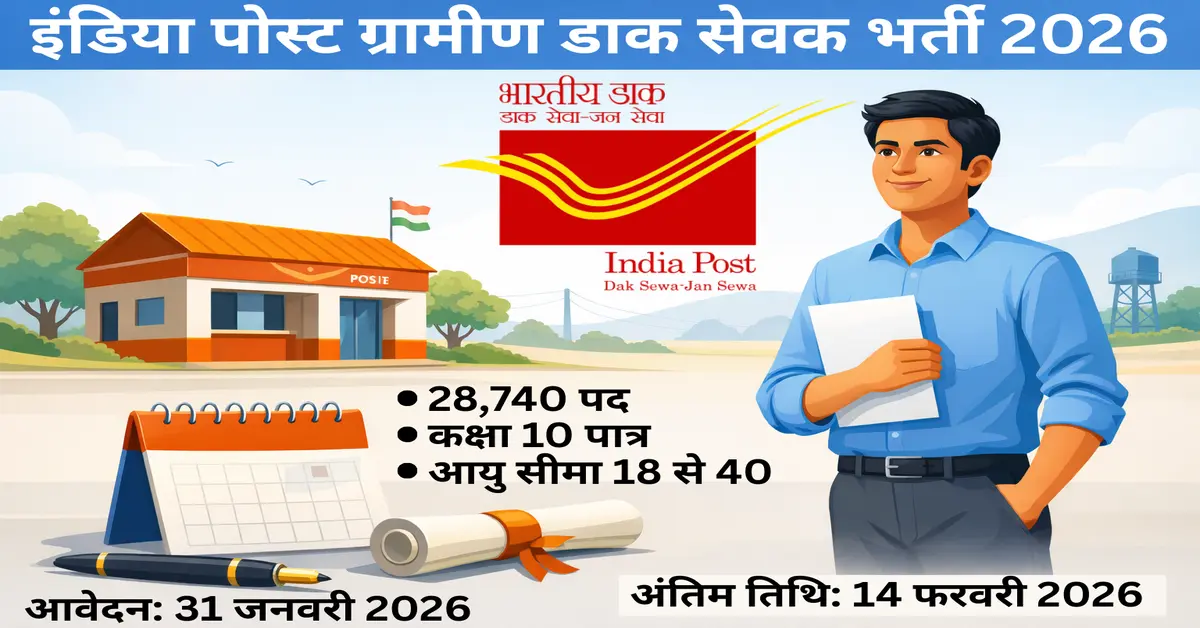 India Post GDS Recruitment 2026 का प्रतीकात्मक चित्र, जिसमें 10वीं पास युवा ग्रामीण डाक सेवा की सरकारी नौकरी के लिए आवेदन करते हुए दिखाया गया है