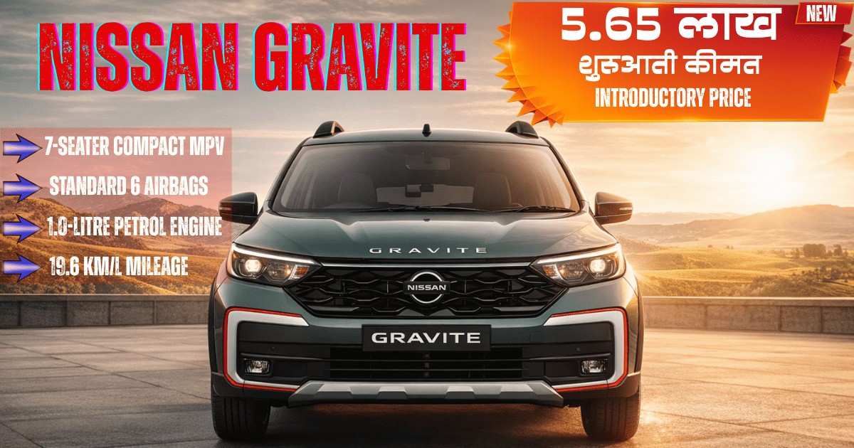 भारत की सबसे सुरक्षित और किफायती 7-सीटर निसान ग्रैविट (Nissan Gravite) का शानदार लुक, जो स्टैंडर्ड 6 एयरबैग्स और ₹5.65 लाख की शुरुआती कीमत के साथ मध्यमवर्गीय भारतीय परिवारों के बड़े सपनों को पूरा करती है।