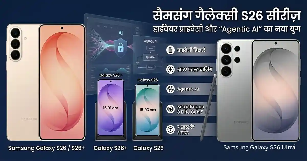 Samsung Galaxy S26 Ultra in Silver Shadow with S-Pen, and Galaxy S26/S26+ in Pink Gold showcasing Agentic AI, Privacy Display, and Snapdragon 8 Elite Gen 5 features for India launch.