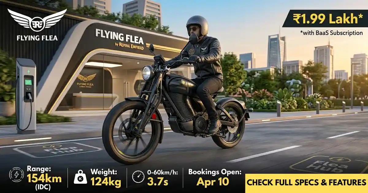 Side profile of the Royal Enfield Flying Flea C6 electric motorcycle in black, showcased at an urban charging station in India with price starting at ₹1.99 Lakh via BaaS.