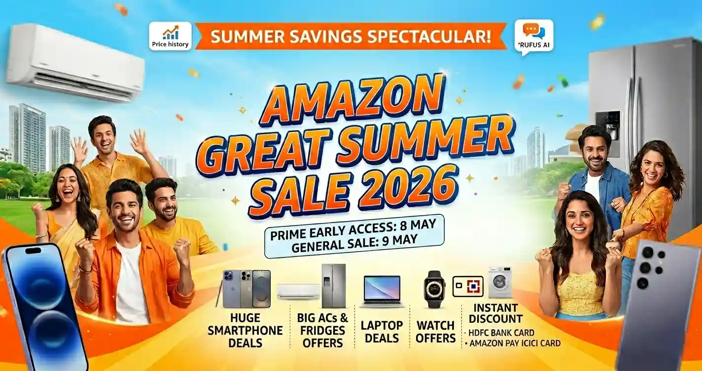 Amazon Great Summer Sale 2026 banner showing iPhone 16, Samsung S25 Ultra, and AC discounts with bank offers